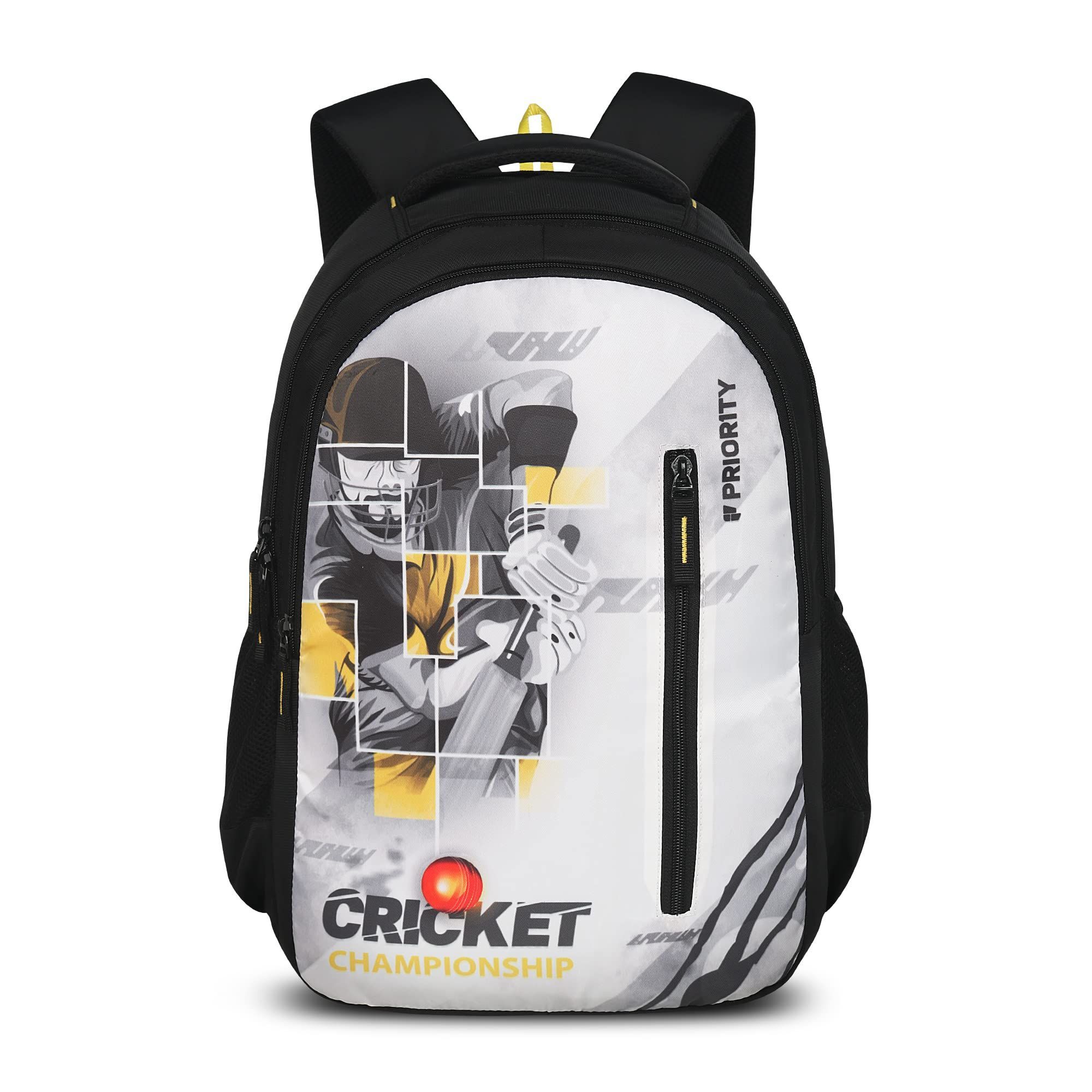 Priority Achiever 004 Cricket Championship 35 Liters Black Polyester Stylish College Bag | Printed Backpack Unisex Bag for College Office Suitable for Men & Women (25888)