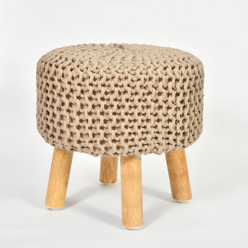 Shadowkart Jute Pouffes Sitting Stool for Living Room Puffy Wooden Ottoman Stools Cotton Knitted Poufe Furniture Footrest Pouf Footstool for Office Home Decor, 42x42x43Cm