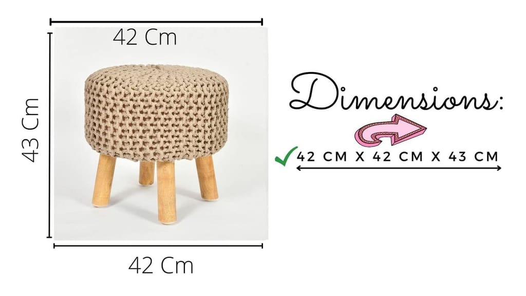 Shadowkart Jute Pouffes Sitting Stool for Living Room Puffy Wooden Ottoman Stools Cotton Knitted Poufe Furniture Footrest Pouf Footstool for Office Home Decor, 42x42x43Cm