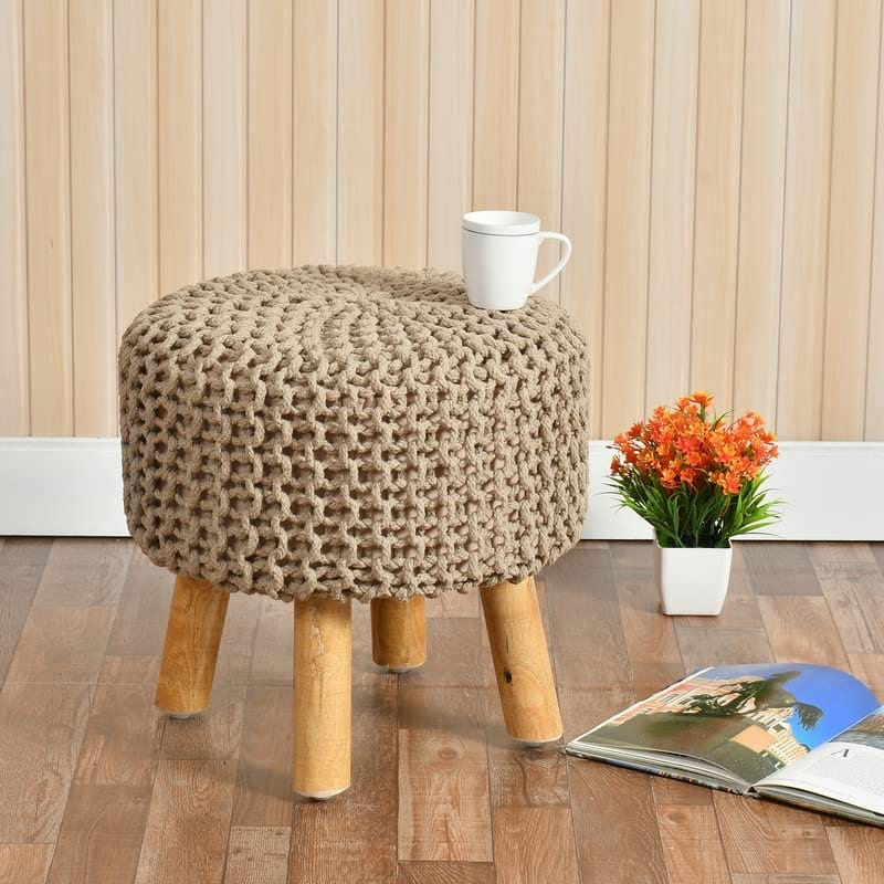 Shadowkart Jute Pouffes Sitting Stool for Living Room Puffy Wooden Ottoman Stools Cotton Knitted Poufe Furniture Footrest Pouf Footstool for Office Home Decor, 42x42x43Cm