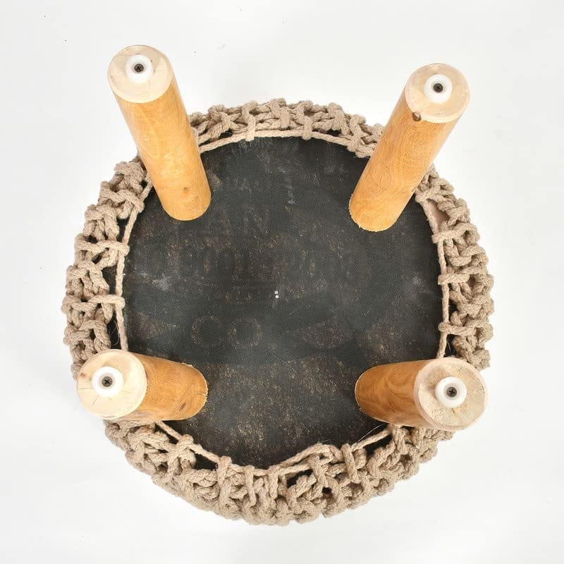 Shadowkart Jute Pouffes Sitting Stool for Living Room Puffy Wooden Ottoman Stools Cotton Knitted Poufe Furniture Footrest Pouf Footstool for Office Home Decor, 42x42x43Cm