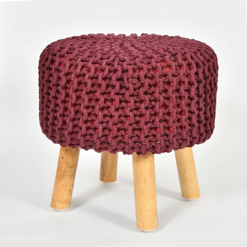 Shadowkart Jute Pouffes Sitting Stool for Living Room Puffy Wooden Ottoman Stools Cotton Knitted Poufe Furniture Footrest Pouf Footstool for Office Home Decor, 42x42x43Cm