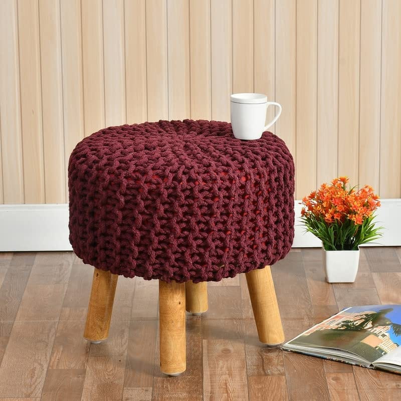Shadowkart Jute Pouffes Sitting Stool for Living Room Puffy Wooden Ottoman Stools Cotton Knitted Poufe Furniture Footrest Pouf Footstool for Office Home Decor, 42x42x43Cm