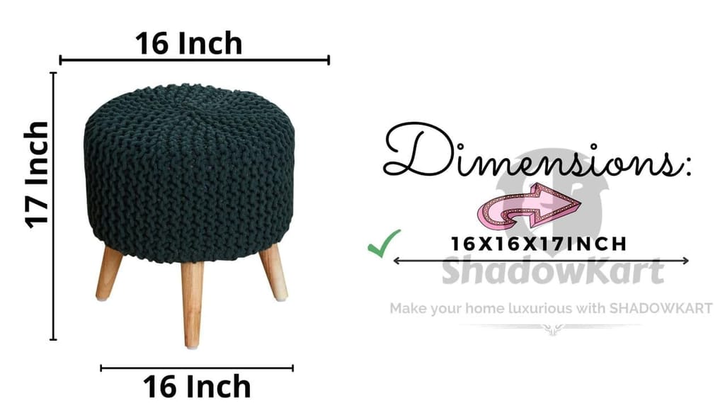 Shadowkart Jute Pouffes Sitting Stool for Living Room Puffy Wooden Ottoman Stools Cotton Knitted Poufe Furniture Footrest Pouf Footstool for Office Home Decor, 42x42x43Cm