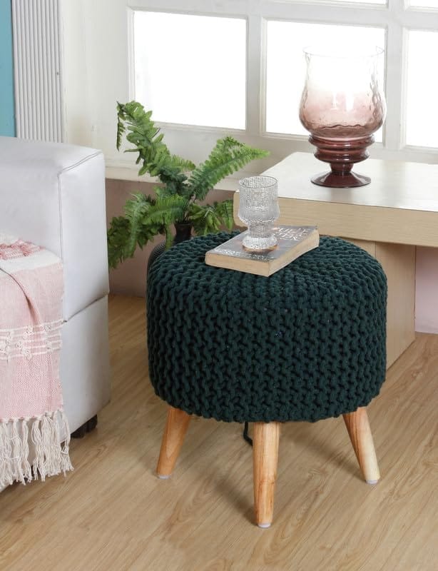Shadowkart Jute Pouffes Sitting Stool for Living Room Puffy Wooden Ottoman Stools Cotton Knitted Poufe Furniture Footrest Pouf Footstool for Office Home Decor, 42x42x43Cm