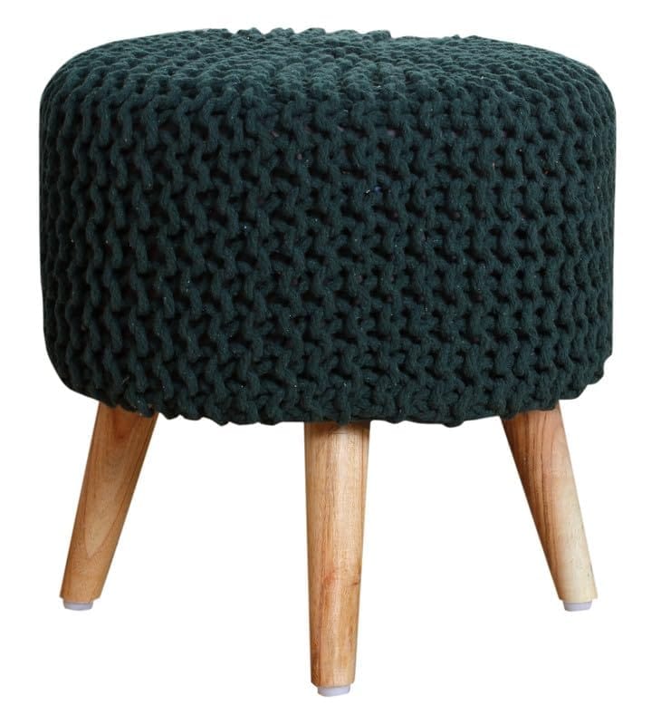 Shadowkart Jute Pouffes Sitting Stool for Living Room Puffy Wooden Ottoman Stools Cotton Knitted Poufe Furniture Footrest Pouf Footstool for Office Home Decor, 42x42x43Cm