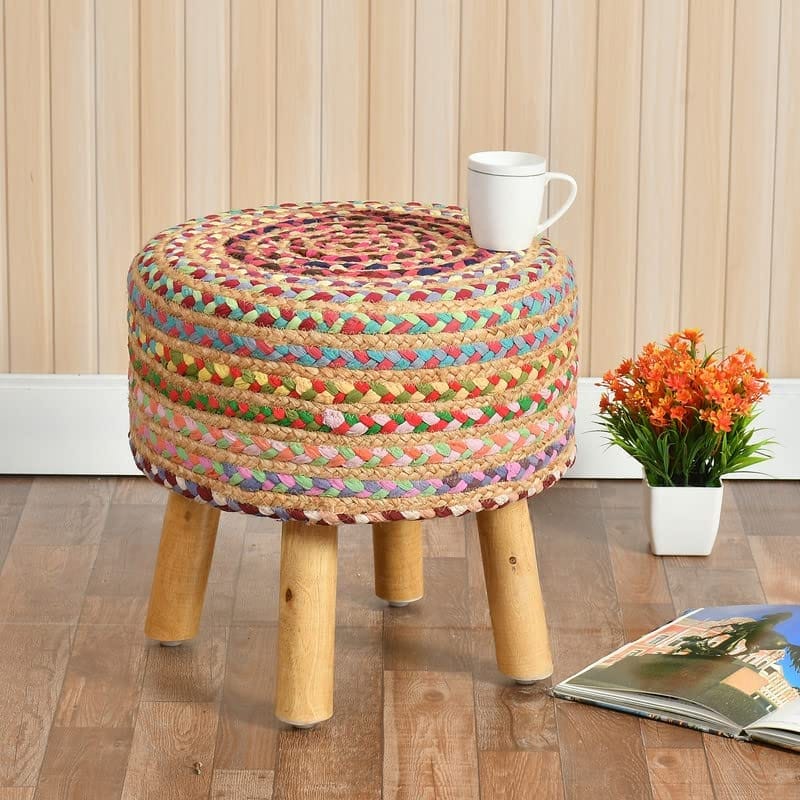 Shadowkart Jute Pouffes Sitting Stool for Living Room Puffy Wooden Ottoman Stools Cotton Knitted Poufe Furniture Footrest Pouf Footstool for Office Home Decor, 42x42x43Cm
