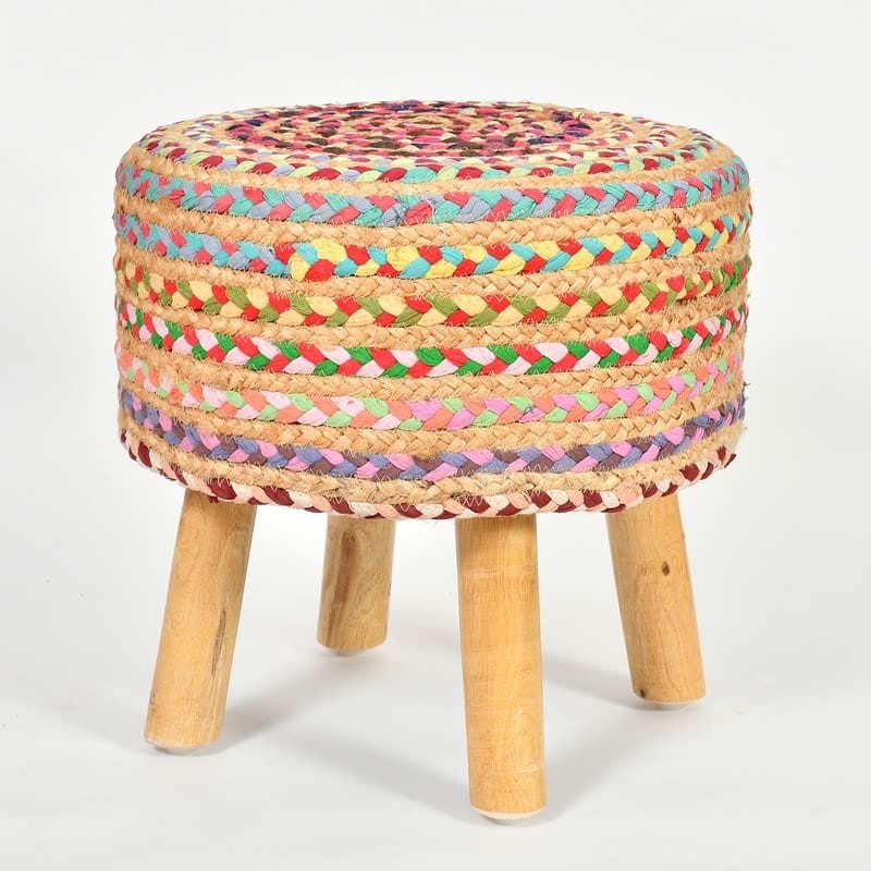 Shadowkart Jute Pouffes Sitting Stool for Living Room Puffy Wooden Ottoman Stools Cotton Knitted Poufe Furniture Footrest Pouf Footstool for Office Home Decor, 42x42x43Cm
