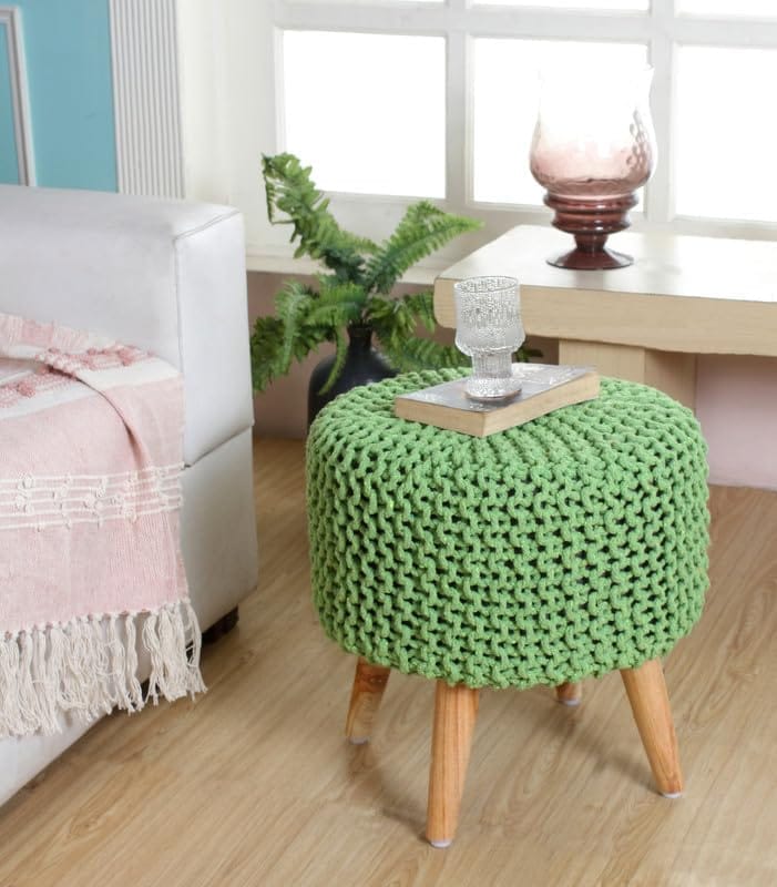 Shadowkart Jute Pouffes Sitting Stool for Living Room Puffy Wooden Ottoman Stools Cotton Knitted Poufe Furniture Footrest Pouf Footstool for Office Home Decor, 42x42x43Cm