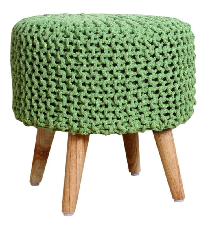 Shadowkart Jute Pouffes Sitting Stool for Living Room Puffy Wooden Ottoman Stools Cotton Knitted Poufe Furniture Footrest Pouf Footstool for Office Home Decor, 42x42x43Cm