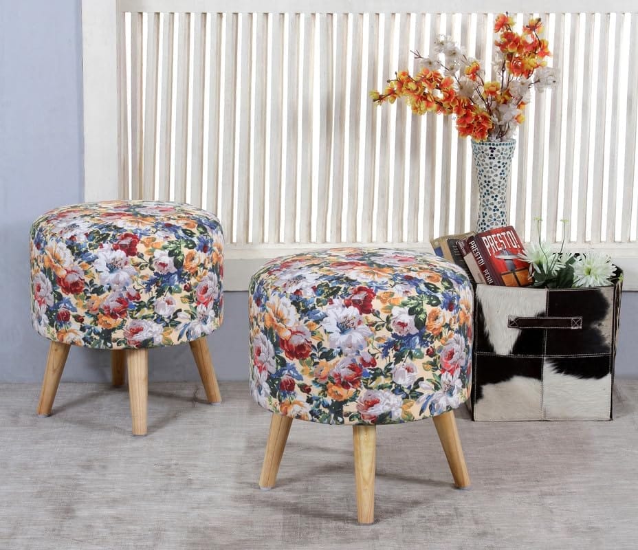 ShadowKart Ottoman Pouffes Sitting Mudda Puffy Stool for Living Room Dressing Table Pouf Round Footstool for Home Decor, Printed,Combo 16x16x17 Inch