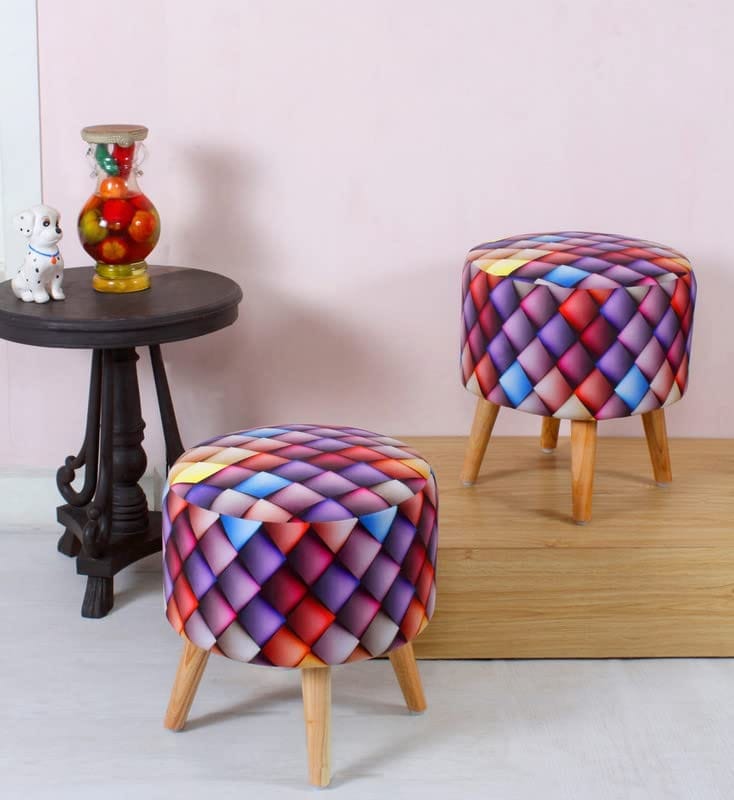 ShadowKart Ottoman Pouffes Sitting Mudda Puffy Stool for Living Room Dressing Table Pouf Round Footstool for Home Decor, Printed,Combo 16x16x17 Inch