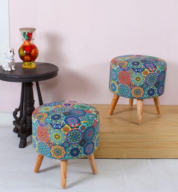 ShadowKart Ottoman Pouffes Sitting Mudda Puffy Stool for Living Room Dressing Table Pouf Round Footstool for Home Decor, Printed,Combo 16x16x17 Inch