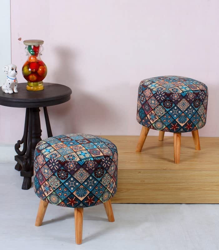 ShadowKart Ottoman Pouffes Sitting Mudda Puffy Stool for Living Room Dressing Table Pouf Round Footstool for Home Decor, Printed,Combo 16x16x17 Inch