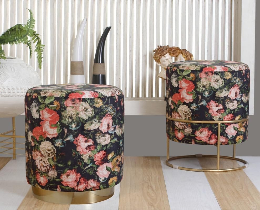 Shadowkart Ottoman Stool for Living Room | Metal Pouffes for Sitting Printed Ottoman | Foot Rest Wooden Ottoman Foot stools | Make up Dressing Side Table, Metal Combo 17 Inch Height