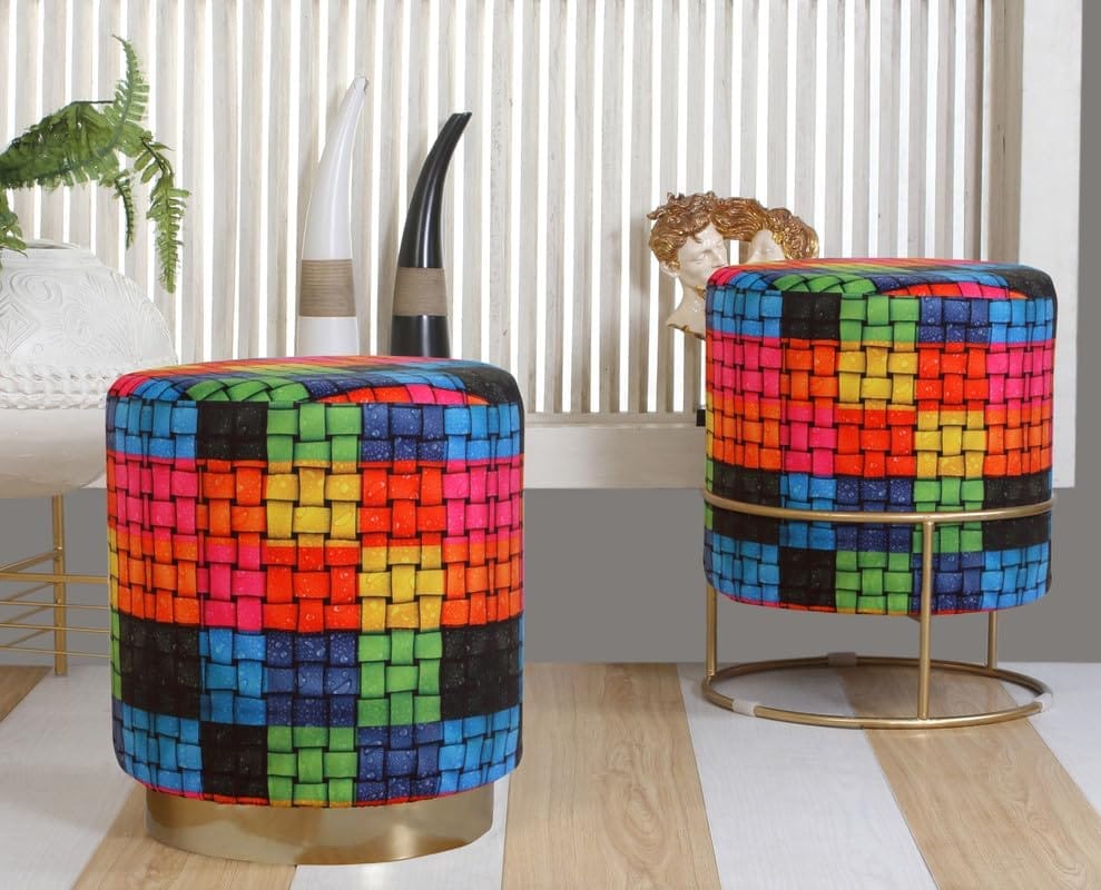 Shadowkart Ottoman Stool for Living Room | Metal Pouffes for Sitting Printed Ottoman | Foot Rest Wooden Ottoman Foot stools | Make up Dressing Side Table, Metal Combo 17 Inch Height