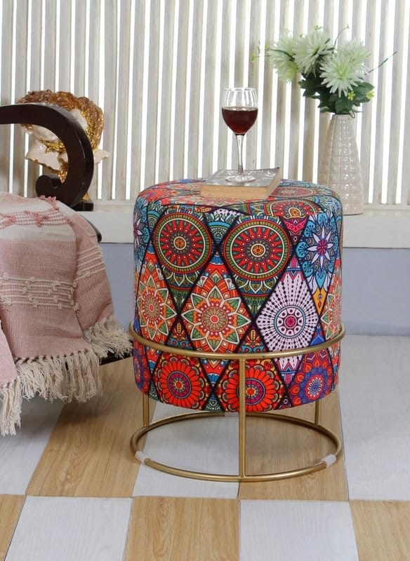 Shadowkart Ottoman Stool for Living Room | Metal Pouffes for Sitting Printed Ottoman | Foot Rest Wooden Ottoman Foot stools | Make up Dressing Side Table, 17 Inch Height