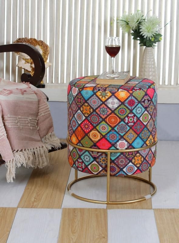 Shadowkart Ottoman Stool for Living Room | Metal Pouffes for Sitting Printed Ottoman | Foot Rest Wooden Ottoman Foot stools | Make up Dressing Side Table, 17 Inch Height