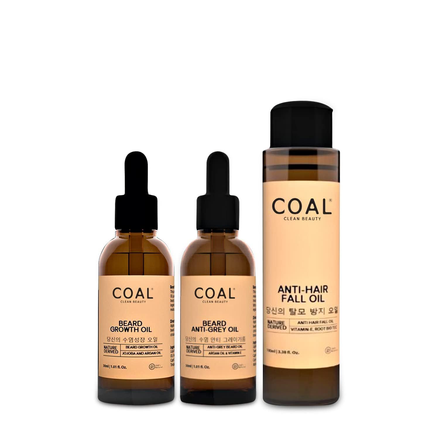 COAL Clean Beauty Complete Hair Care Combo Pack for Men | Anti-Hair Fall Oil, Beard Growth Oil & Beard Anti-Grey Oil