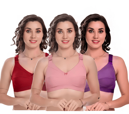 Bra Set for Women Combo Pack Non-Padded Full Back Coverage Broad Band T-shirts, Wire-free, Wide Strap with 4 Hook Closure Multicolor