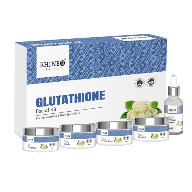best glutathione facial kit RHINEO HERBALS Glutathione Facial Kit (Cleanser, Scrub, Massage Serum,  Massage Cream, Face Pack) With Mulberry & Aloevera Extract, Paraben &  Sulfate Free For Men Women 230gm