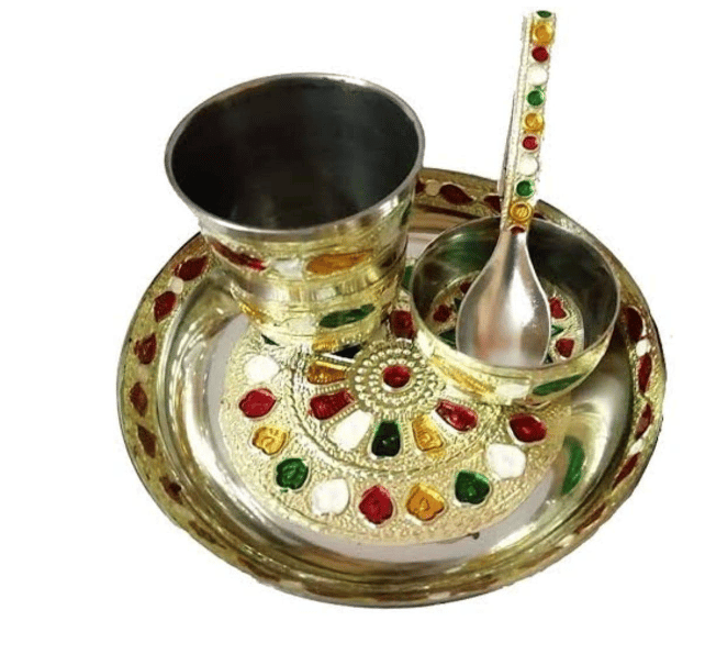 at Presents Laddu Gopal ji/Kanha Ji ke Bartan/Pooja thali Small- 4 pcs Set - Multicolor Minna Bhog Thali with Glass, Bowl and Spoon - Pooja Needs | Buy online on ZillyBuy