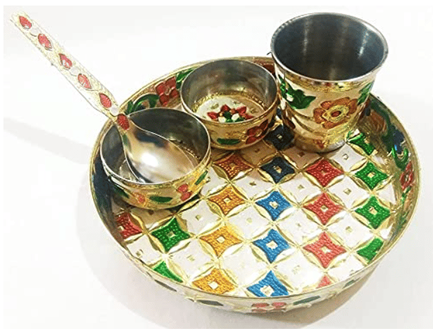 Ayushmann Presents Laddu Gopal ji ke Bartan/Pooja thali Small- 5 pcs Set - Multicolor Minna Bhog Thali with Glass, Bowl and Spoon - Pooja Needs | Buy online on ZillyBuy