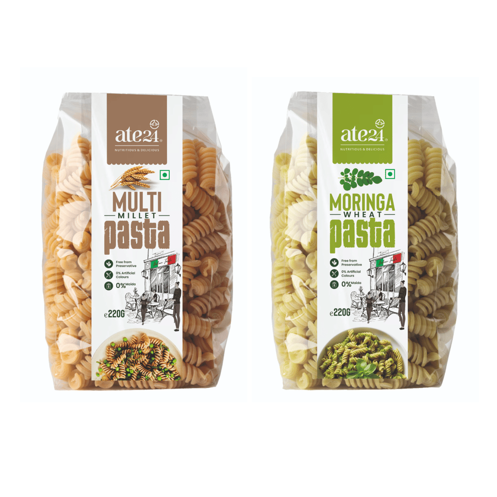Whole wheat fusilli Pasta combos- 100% natural, steam baked, fresh vegetable pulp, No preservatives, added color, stabalisers