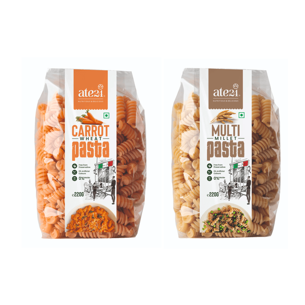 Whole wheat fusilli Pasta combos- 100% natural, steam baked, fresh vegetable pulp, No preservatives, added color, stabalisers