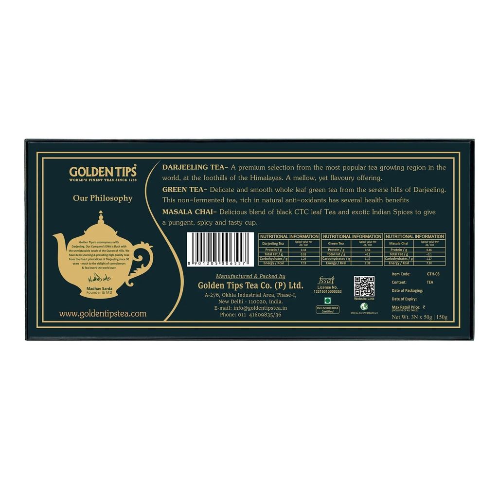 Golden Tips Tea Box | Premium Darjeeling Tea, Exquisite Green Tea, Spicy Masala Chai