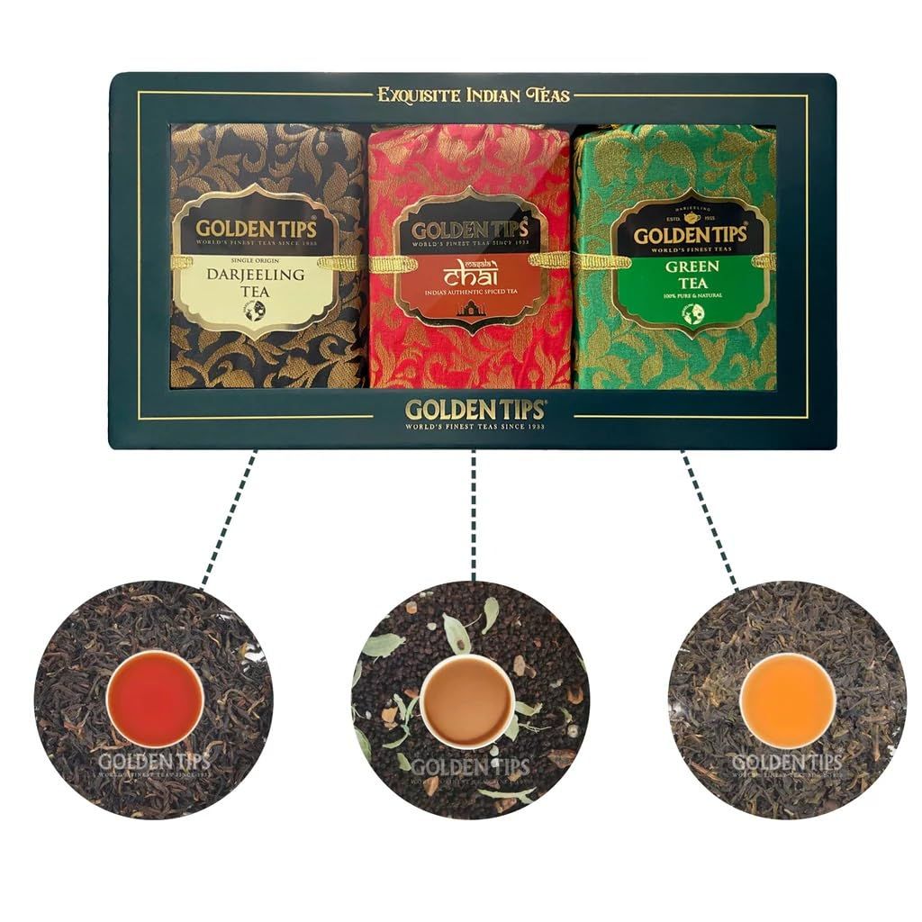 Golden Tips Tea Box | Premium Darjeeling Tea, Exquisite Green Tea, Spicy Masala Chai