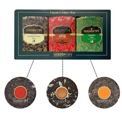 Golden Tips 3-in-1 Handmade Paper Box Premium Darjeeling Tea, Exquisite Green Tea, Spicy Masala Chai  50 g
