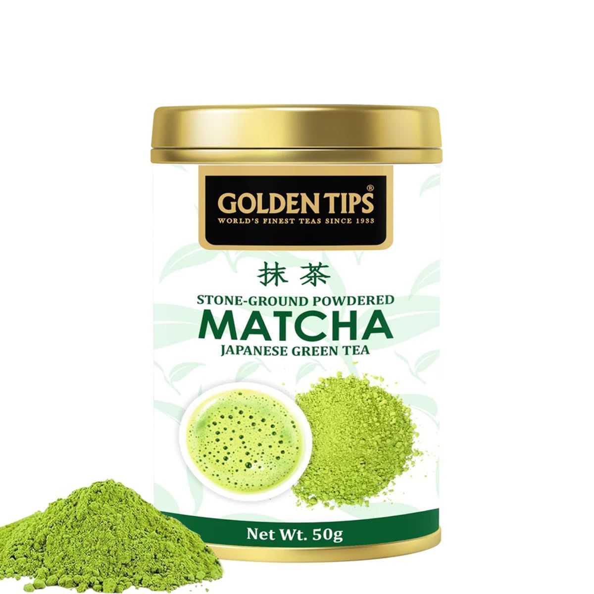 Golden Tips Japanese Matcha Green Tea Powder – 50g (50 Servings) Tin Can, No Additives, Antioxidant-Rich Superfood, No Artificial Sweeteners