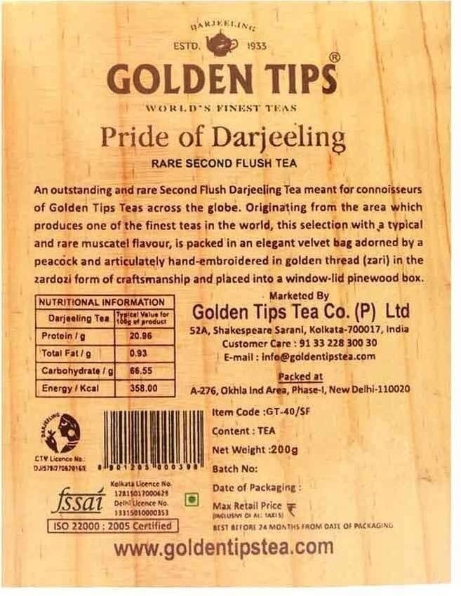 Golden Tips Rare Second Flush Darjeeling Tea | Perfect for Gifting | Available in The Packing of Pinewood Box with Zardosi Work on Velvet Pouch