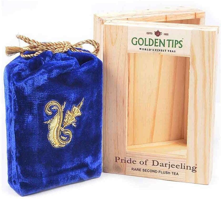 Golden Tips Rare Second Flush Darjeeling Tea | Perfect for Gifting | Available in The Packing of Pinewood Box with Zardosi Work on Velvet Pouch