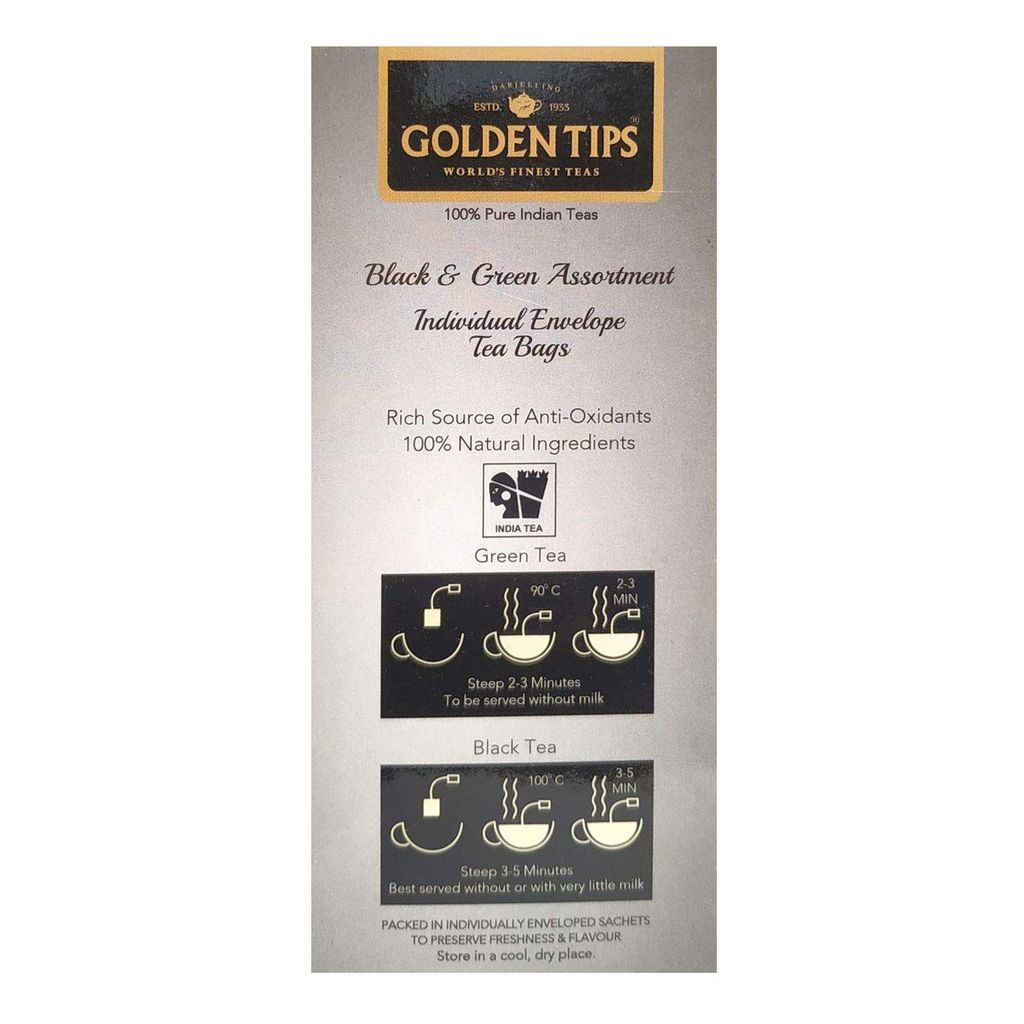 Golden Tips Black and Green Assortment Individual Envelope Tea Bags (48 Gram, 24 Bag-Pack of 2)