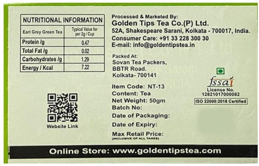Golden Tips 100% Pure Indian Earl Grey Bergamot Flavoured Green Tea Bags Box (50gm- 25 Tea bags)