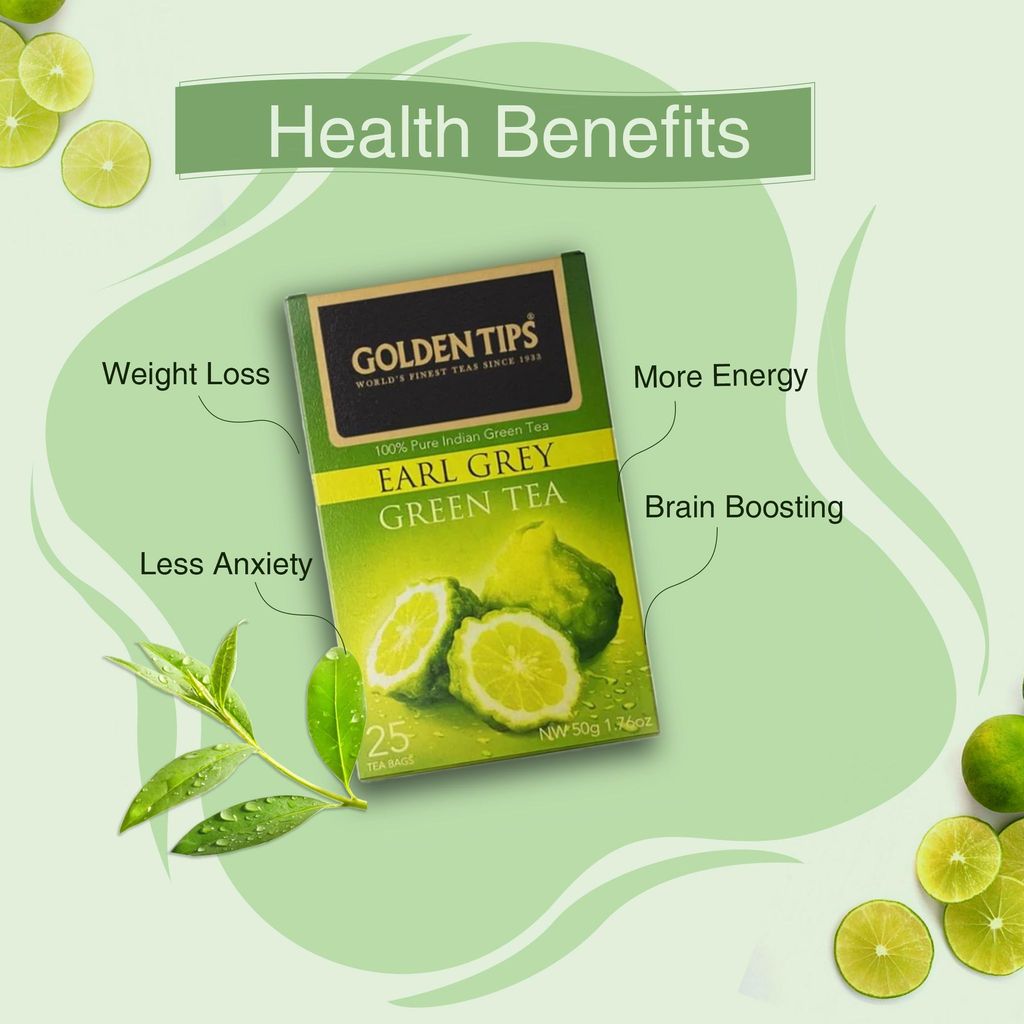 Golden Tips 100% Pure Indian Earl Grey Bergamot Flavoured Green Tea Bags Box (50gm- 25 Tea bags)
