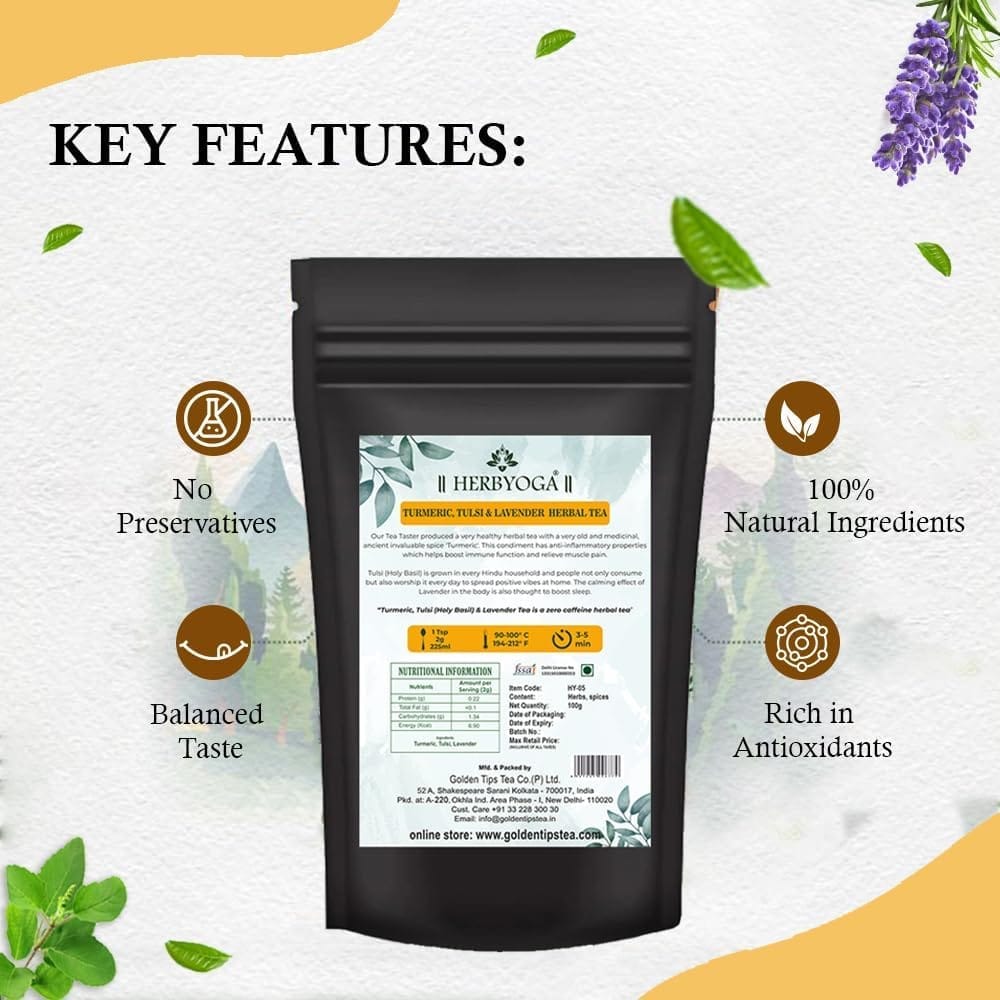 Golden Tips HERBYOGA Herbal Tea Tulsi, Turmeric and Lavendar Pouch (100 Gram, 50 cups)