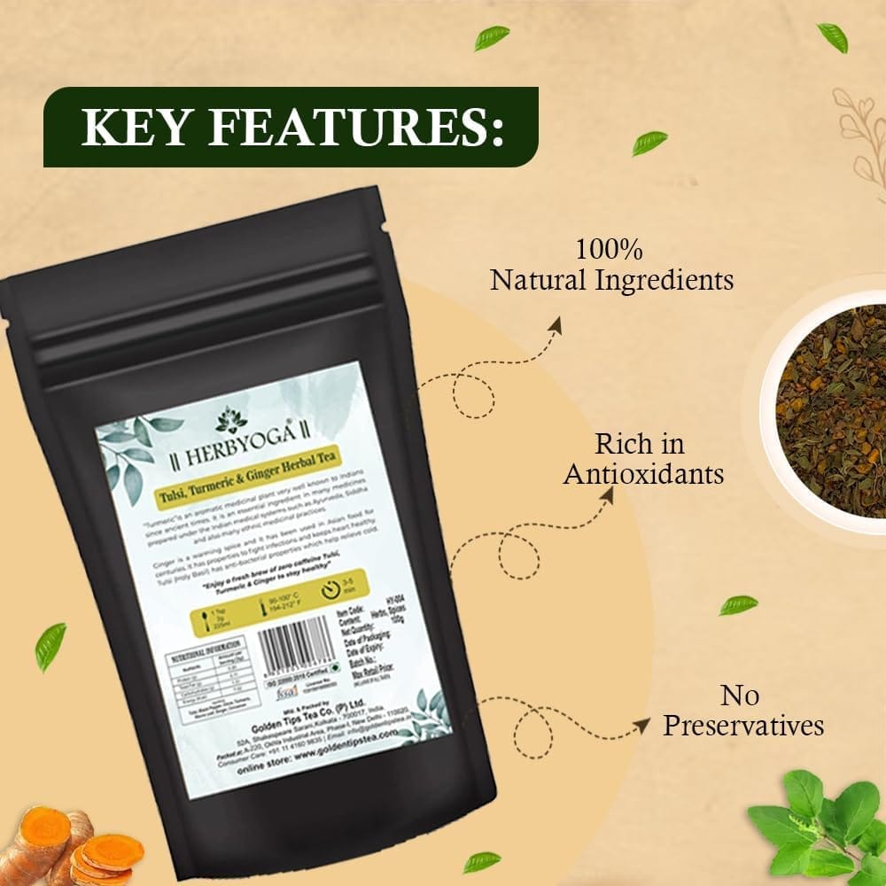 Golden Tips HERBYOGA Herbal Tea Tulsi, Turmeric and Ginger Pouch (100 Gram, 50 cups)