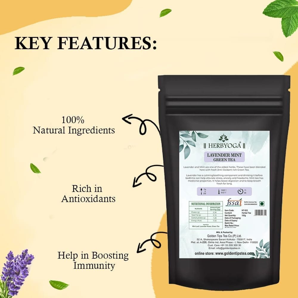 Golden Tips HERBYOGA Green Tea Lavendar and Mint Pouch (100 Gram, 50 cups)