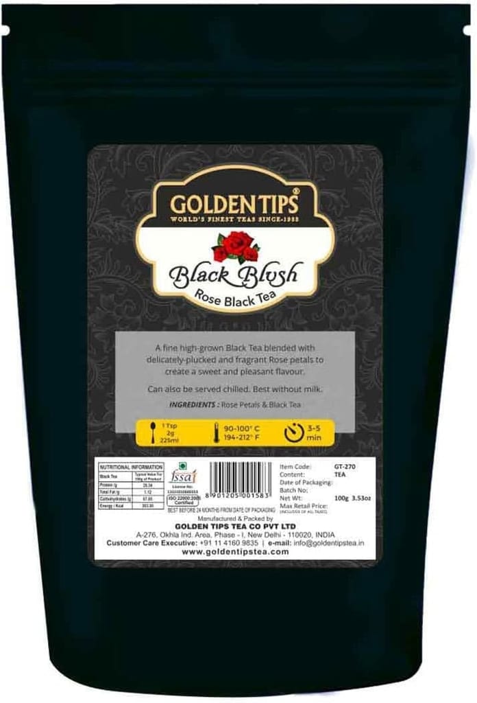 Golden Tips Healthy/ Natural and Organic Herbal Loose Leaf Black Blush Rose Black Tea Pouch (100 Gram, 50 cups)