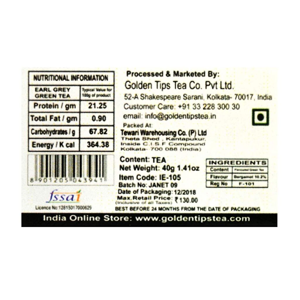 Golden Tips Pure Earl Grey Green Tea 20 Sachets (30g, 20 Cups)