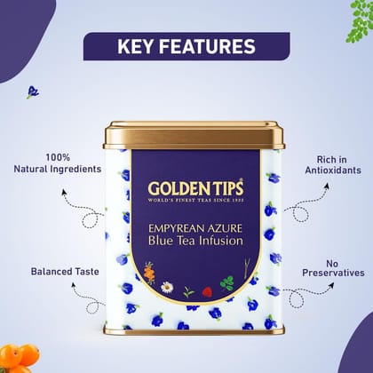 Golden Tips Tea Empyrean Azure - Herbal Tea Infusion- Tin Can (100gm - 50 cups) Low Caffine- Herbals for Detox, Sleep & Skin
