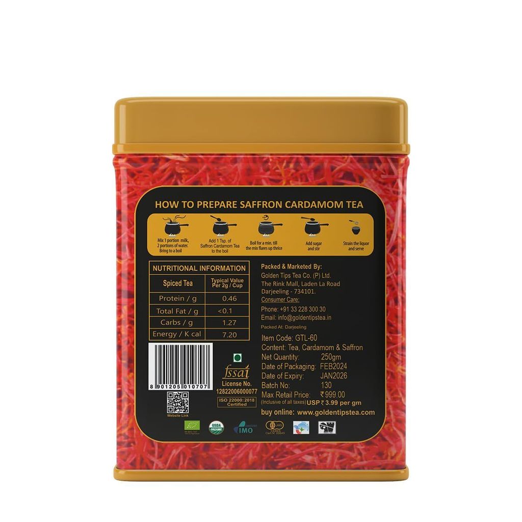 Golden Tips Saffron Cardamom Exotic Robust CTC Chai 250 Gram