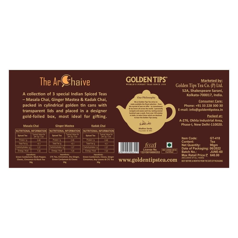 Golden Tips The Archaive - 3 in 1 Gift boxes Combo of Masala Chai, Ginger Mastea & Kadak Chai (90 gm-45 Cups)