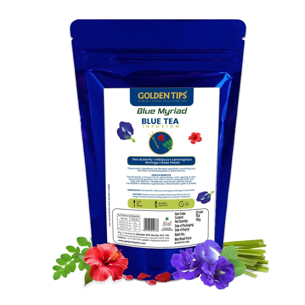 Golden Tips Blue Myriad Infusion Blue Tea, Dried Butterfly Pea Flower, Premium Zipper (100gm-50 cups)