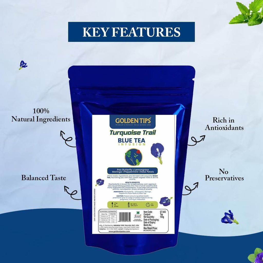 Golden Tips Turquoise Trail Infusion Blue Tea, Dried Butterfly Pea Flower, Premium Zipper (100gm- 50 cups)