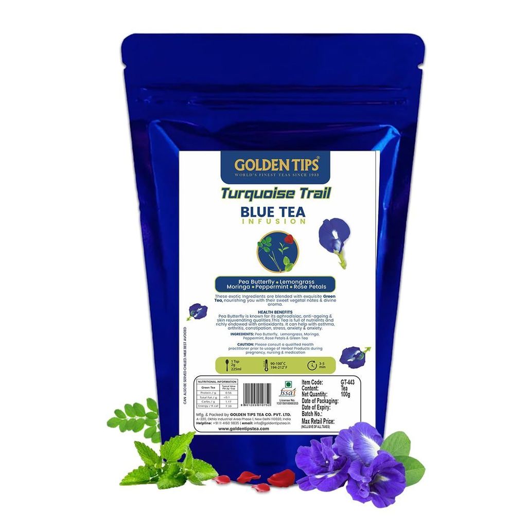 Golden Tips Turquoise Trail Infusion Blue Tea, Dried Butterfly Pea Flower, Premium Zipper (100gm- 50 cups)