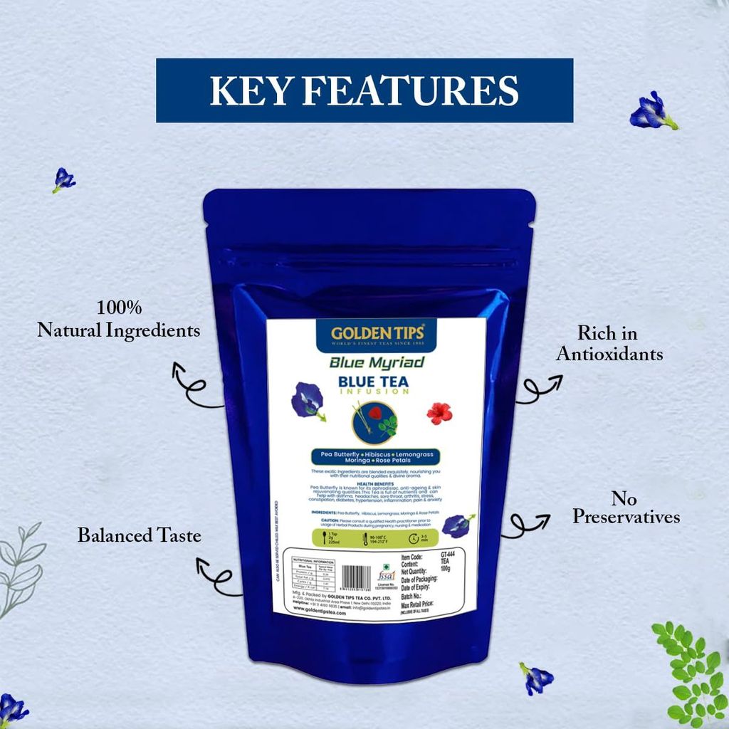 Golden Tips Blue Myriad Infusion Blue Tea, Dried Butterfly Pea Flower, Premium Zipper (100gm-50 cups)